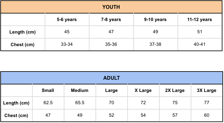 Sizing chart